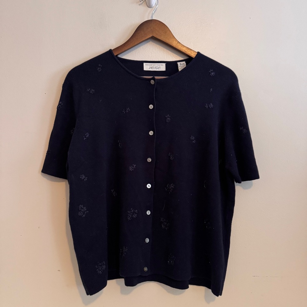 VTG Lord & Taylor Women's Lg Navy Blue Short Sleeve Cardigan Floral Cottagecore